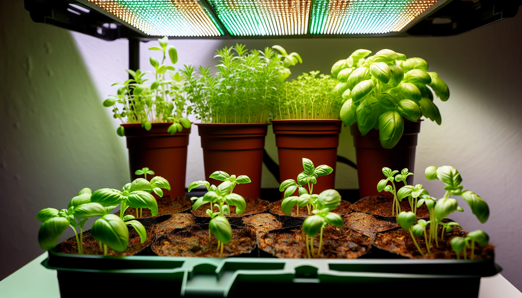 Herb seedlings in pots under grow lights