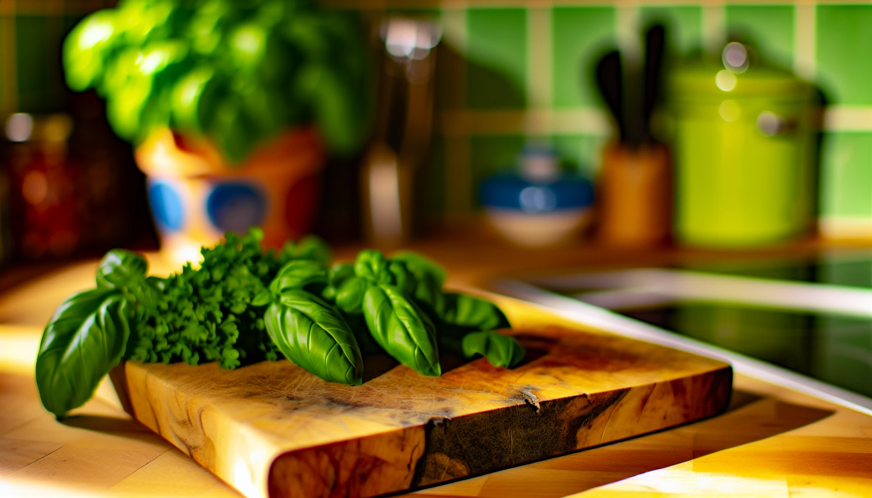 Fresh basil and parsley leaves in a kitchen setting