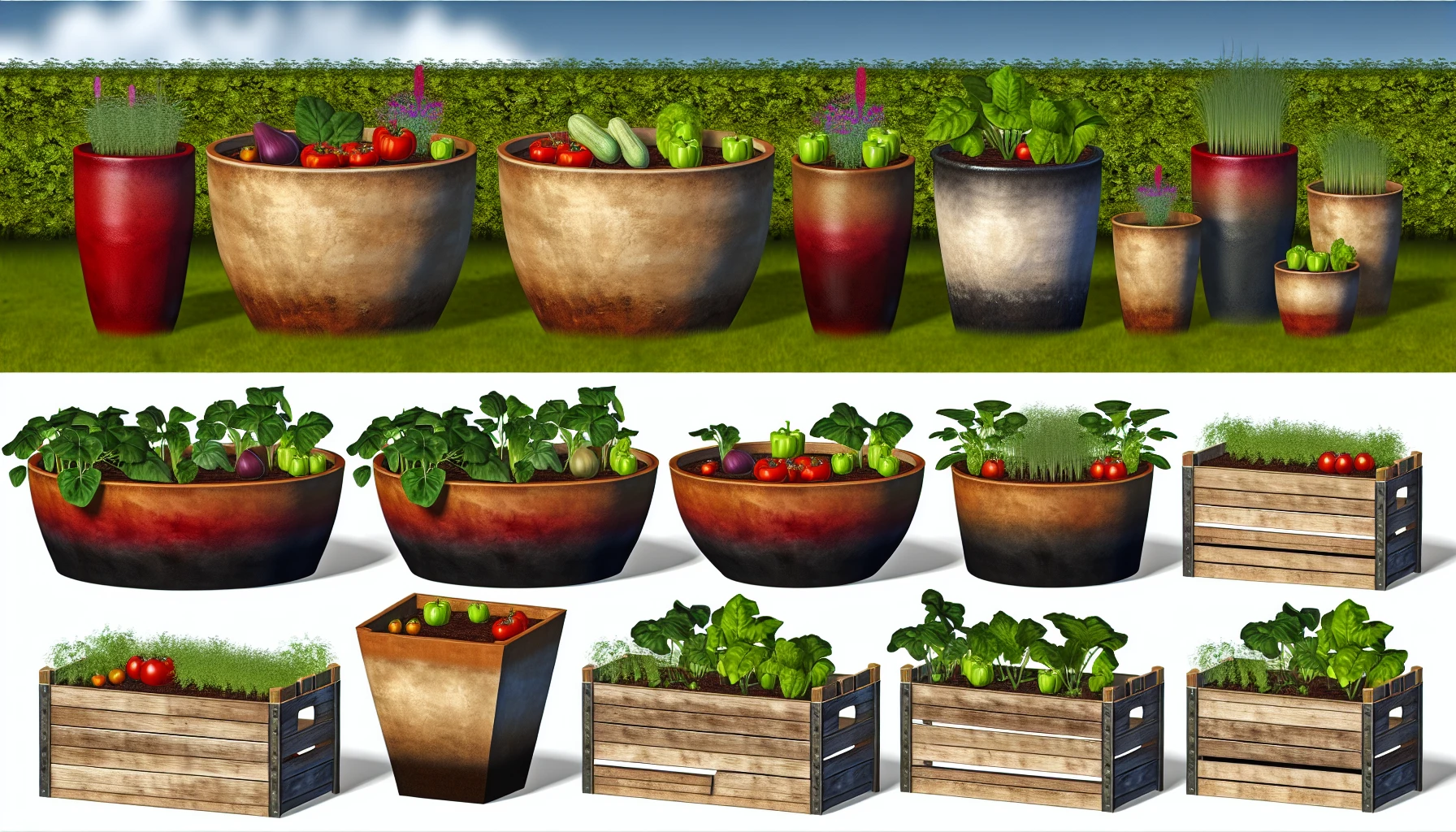 Various containers for vegetable gardening
