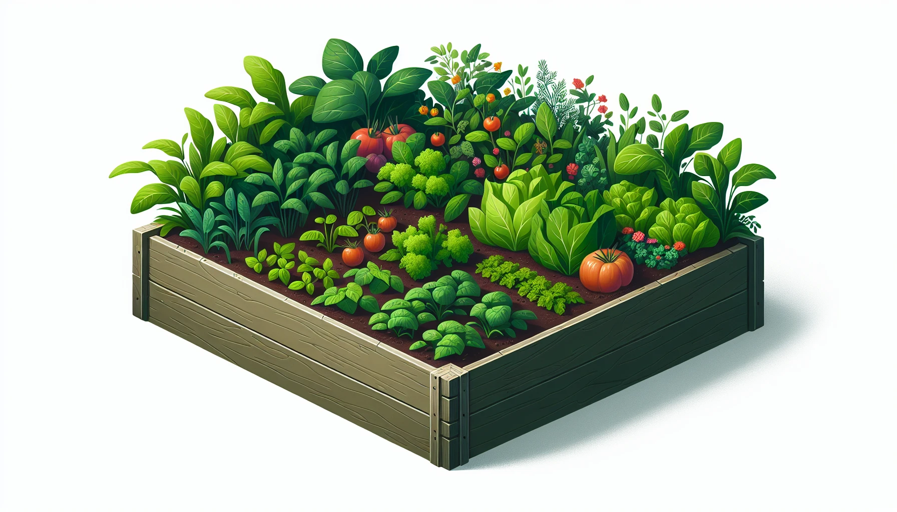 Healthy plants thriving in a 4x4 raised garden bed