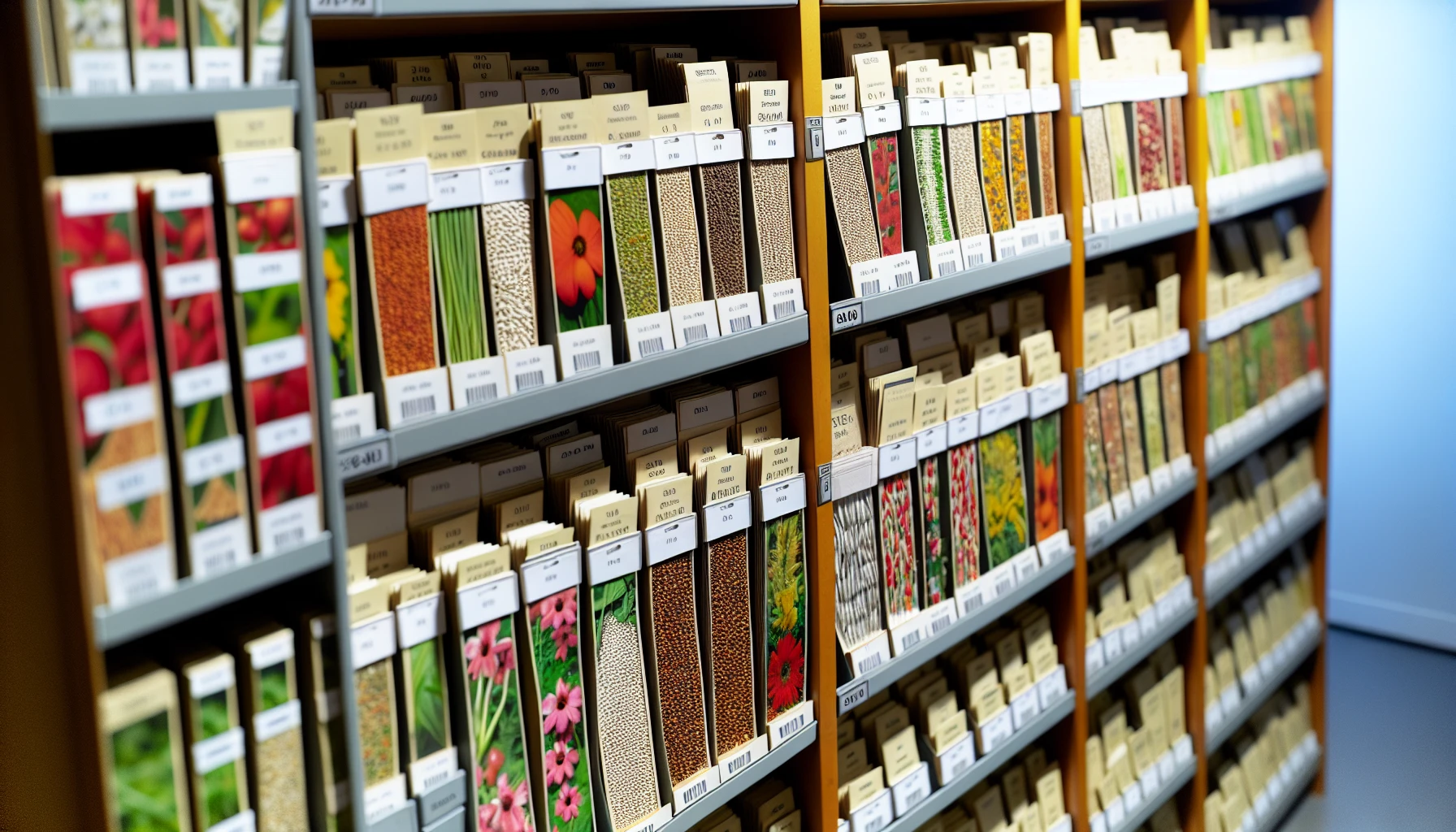 An open seed vault with an assortment of open-pollinated and hybrid seeds
