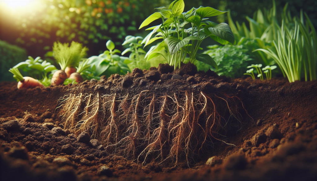 Healthy garden soil with organic matter and plant roots