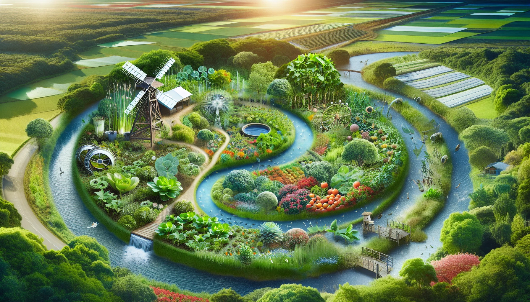 Illustration of diverse sustainable systems in permaculture design