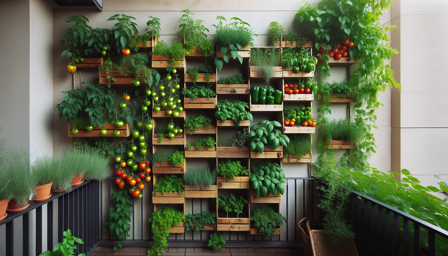Vertical gardening setup with various vegetables and herbs